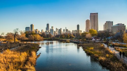 Scenic view of river against cityscape