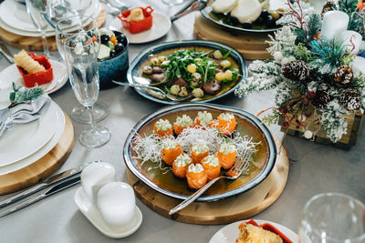 High angle view of food served on table