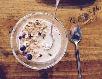 High angle view of breakfast on table