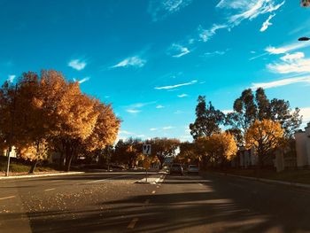 Road by trees against sky during autumn