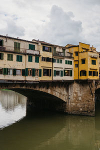 Bridge over river by buildings against sky