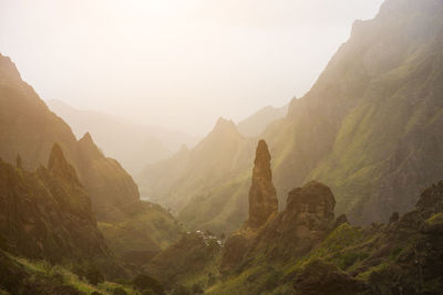 Panoramic view of valley and mountains against sky