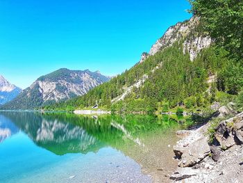 Scenic view of lake against clear blue sky