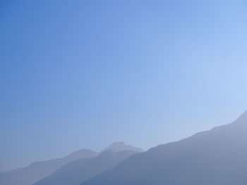 Scenic view of mountains against clear blue sky