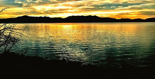 Scenic view of lake against sky during sunset