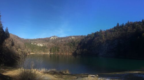 Scenic view of lake and trees against blue sky