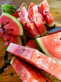 High angle view of fruits in plate on table