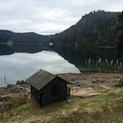 Scenic view of lake against cloudy sky