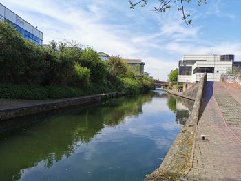 Scenic view of lake by buildings against sky