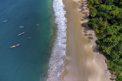 Aerial colorful bureh beach with tree and boats