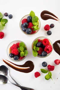 High angle view of strawberries in plate