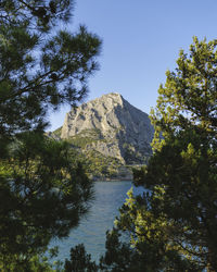 Scenic view of lake and mountains against clear sky