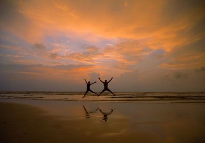 Silhouette plant on beach against sky during sunset