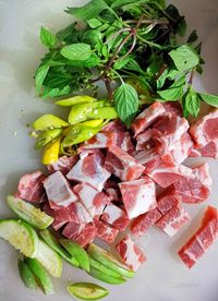 High angle view of chopped vegetables on table