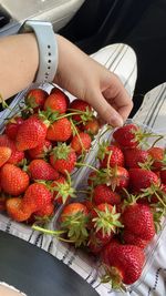 Midsection of woman holding strawberries