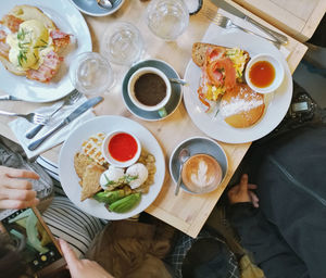 High angle view of breakfast on table