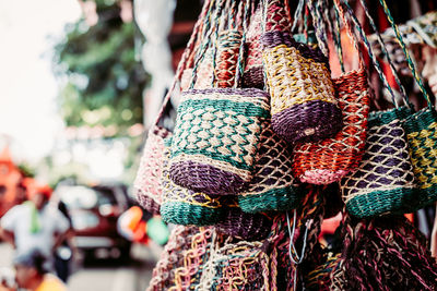 Close-up of multi colored clothes hanging