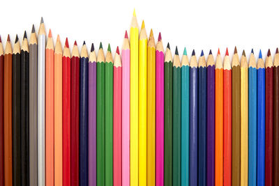 Close-up of colored pencils against white background