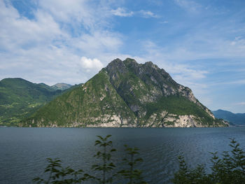 Scenic view of sea and mountains against sky