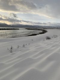 Scenic view of beach against sky during sunset