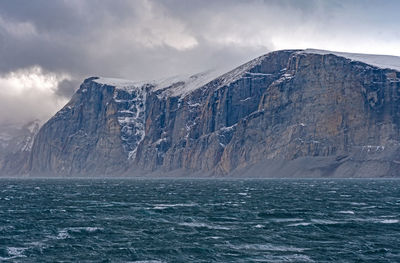 Scenic view of sea by snowcapped mountains against sky