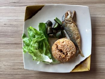 High angle view of food in plate on table