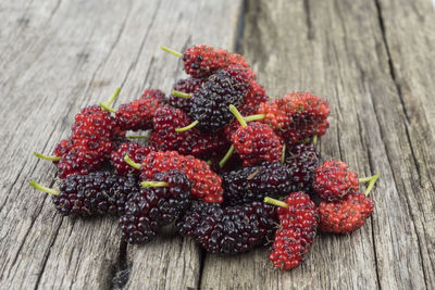 High angle view of strawberries on table