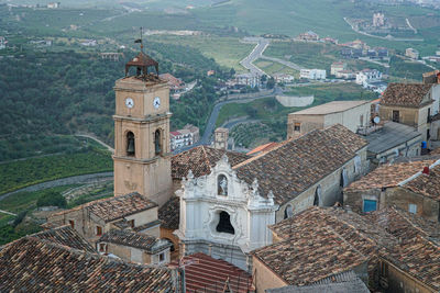 High angle view of buildings in town