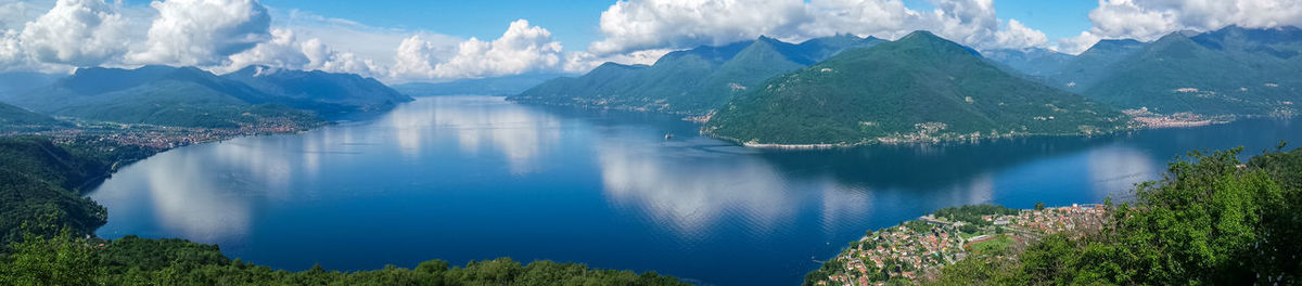 Aerial wide angle view on lake maggiore and the alps