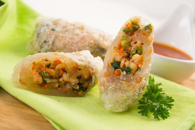 Close-up of spring rolls