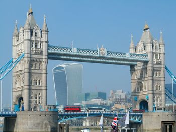 Low angle view of tower bridge against sky