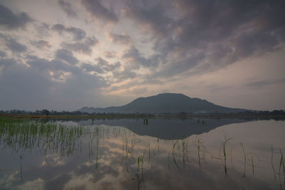 Panoramic view of lake against sky during sunset