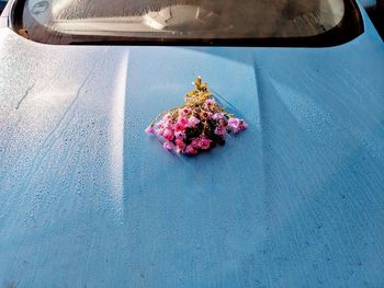 A bouquet of flowers on the bonnet. maybe a shy person in love