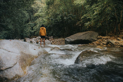 Rear view of man standing on rock by river in forest