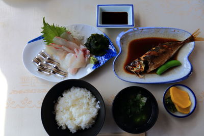 Directly above shot of food served on table