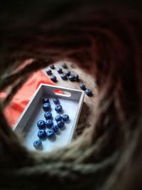 High angle view of blueberries in container seen through hole