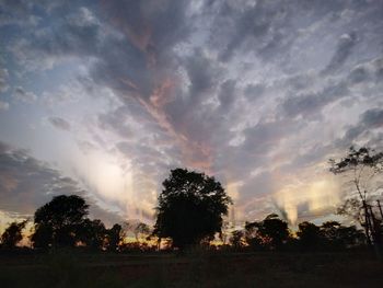 Sunlight streaming through silhouette trees on landscape against sky