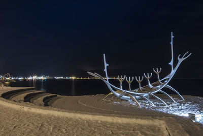 Illuminated beach against sky at night