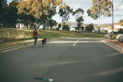 Rear view of man riding dog on road