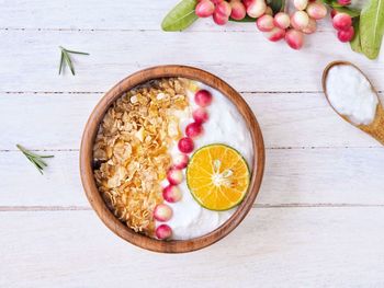 High angle view of breakfast on table