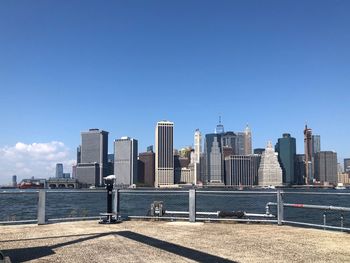 Modern buildings in city against clear blue sky