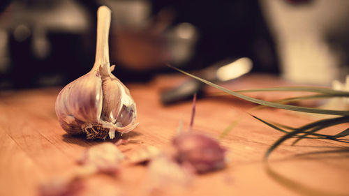 Close-up of garlic on table