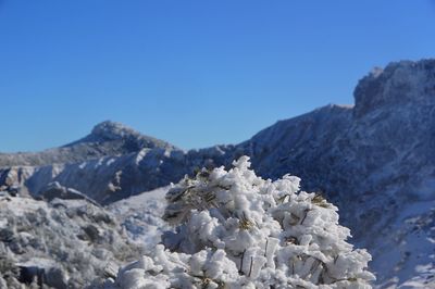 Scenic view of mountains against clear blue sky