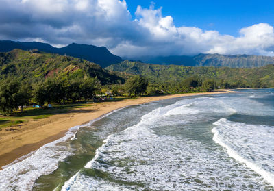 Scenic view of sea and mountains against sky