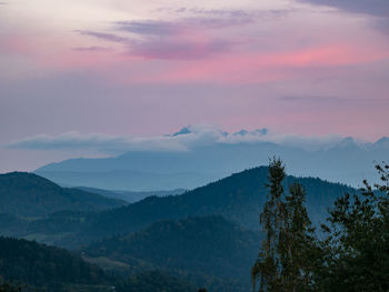 Scenic view of mountains against sky at sunset