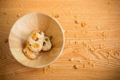 High angle view of eggs in plate on table