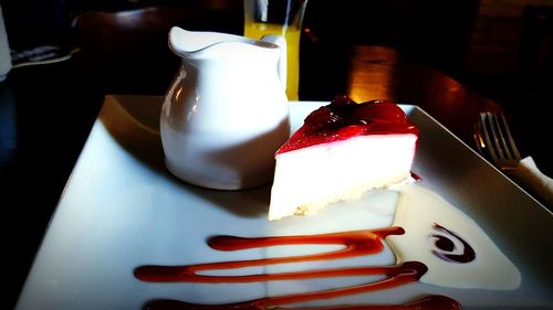 High angle view of cake in plate on table