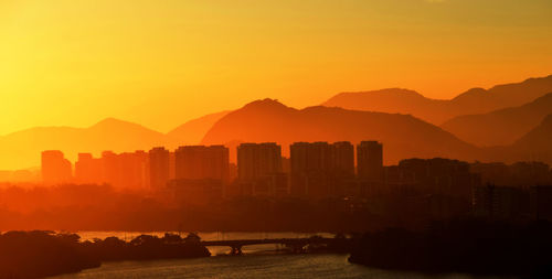 Silhouette buildings in city during sunset