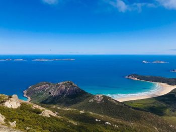 Scenic view of sea against blue sky