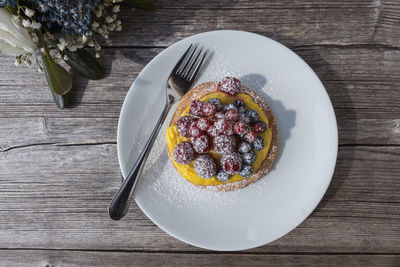 High angle view of breakfast in plate on table